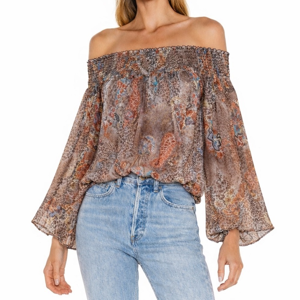 Vintage Off Shoulder Boho Neutral Brown Floral Paisley Strapless Top VTG Western